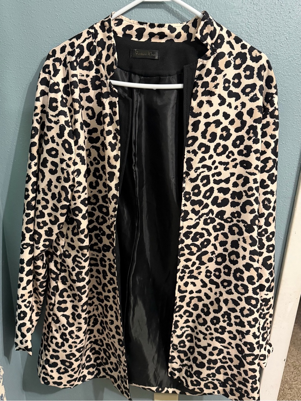 Leopard Print Open Front Blazer - Black & Cream